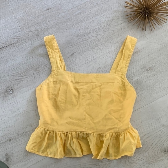 Urban Outfitters‎ Small Yellow Crop Top smocked linen blend straps ruffle size S - Picture 1 of 8